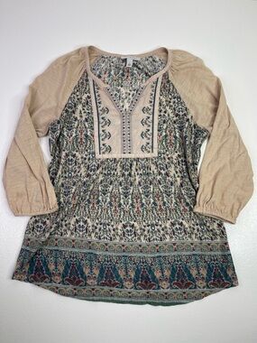 Vintage America Blues Boho Floral Embroidered Peasant Blouse Top Size L